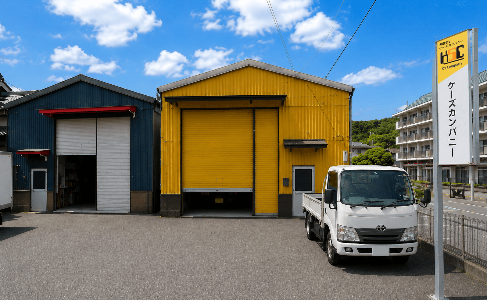 黄色い倉庫と回収トラックがあるケーズカンパニー社屋