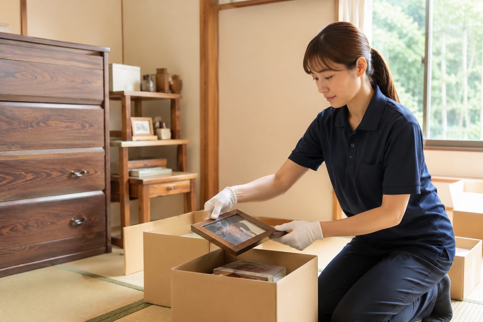 遺品整理を行うスタッフと室内の整理品
